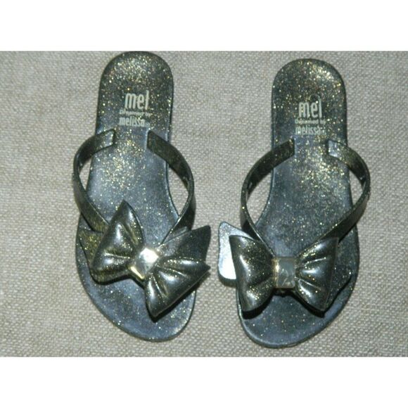 Mini Melissa Mel Flip Flop Black Gold Glitter Scented Bow Sandal Girl's Size 11 - Picture 4 of 6